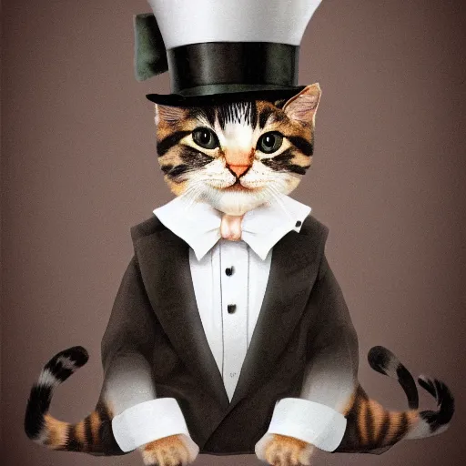 Prompt: a highly detailed portrait of a cute kitty cat wearing a little top hat, cute, adorable, wholesome, highly detailed, 4 k, 8 k, photorealistic