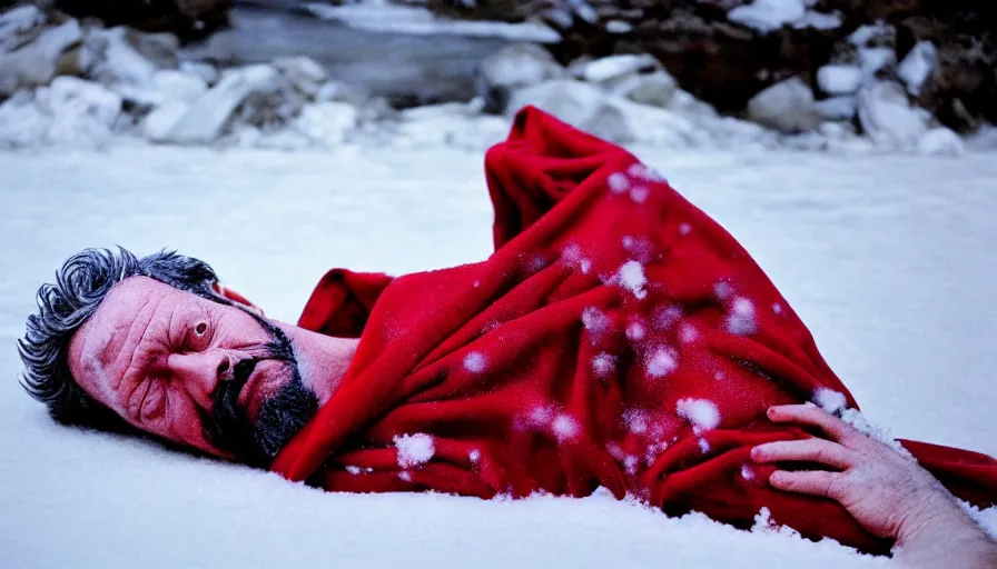 Image similar to 1 9 6 0 s movie still close up of marcus aurelius tired in a red toga frozen to death under the snow by the side of a river with gravel, pine forests, cinestill 8 0 0 t 3 5 mm, high quality, heavy grain, high detail, texture, dramatic light, anamorphic, hyperrealistic, detailed hair, foggy