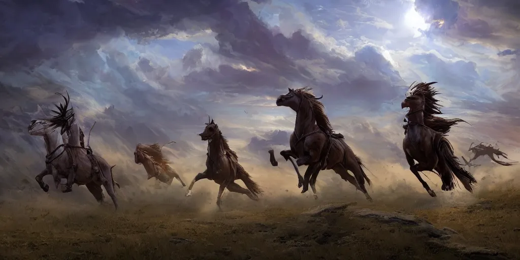 Image similar to an establishing action shot of the ( battle of little bighorn ), majestic horses, action scene, an epic fantasy, dramatic lighting, cinematic, extremely high detail, photorealistic, cinematic lighting, maxwell boas jessica rossier christian dimitrov anton fadeev trending on artstation cgsociety rendered in unreal engine 4 k hq