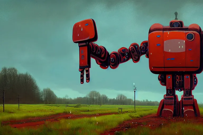 Prompt: British countryside derelict giant robot raining by Simon Stålenhag