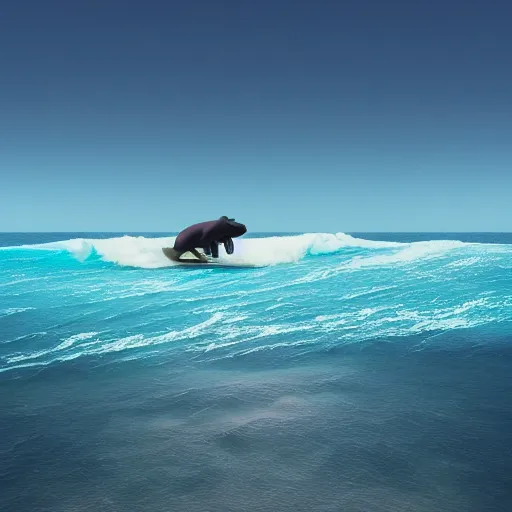 Prompt: hippopotamus on a surfboard, surfing bright blue waves of an ocean off hawaii, digital art, octane render, imax, trending on artstation, dark mood