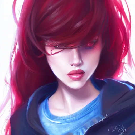 Image similar to a girl wearing casual clothes, red hair, blue eyes, highly detailed, digital painting, artstation, concept art, smooth, sharp focus, illustration