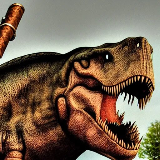 Image similar to dinosaur smoking a cigarette in their mouth realistic hdr professional shot