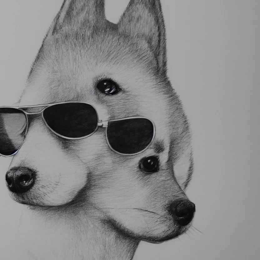 Prompt: a pencil sketch portrait of doge the shiba wearing sunglasses, black and white, white background, fine detail