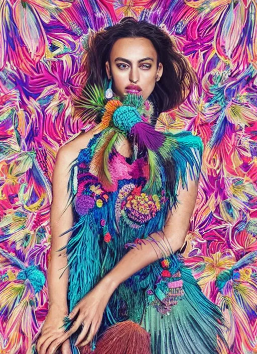 Image similar to beautiful portrait of Irina Shayk wearing fantastic Hand-dyed cotton dress,embellished beaded feather decorative fringe knots ,colorful pigtail,playful makeup,subtropical flowers and plants,symmetrical face,intricate,elegant,highly detailed,8k,digital painting,trending on pinterest,harper's bazaar,concept art, sharp focus, illustration,golden ratio,by artgerm,Tom Bagshaw,Lawrence Alma-Tadema,greg rutkowski