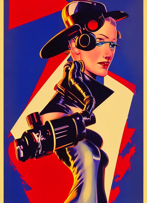 Prompt: american propaganda poster. cyberpunk femme fatale. portrait by jean giraud and anton otto fischer and john philip falter and will eisner and gil elvgren. realistic proportions. tf 2, overwatch.