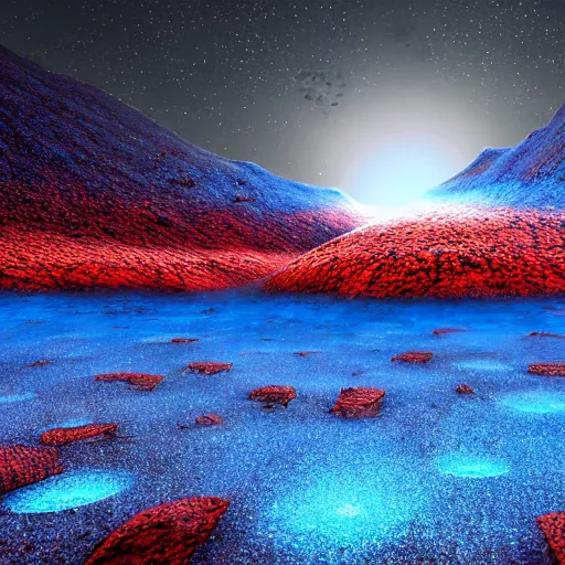 Image similar to a strange alien landscape, realistic, rocky, red and blue, blue particles, strange red particles, strange, alien - style, realistic, landscape, depth, movie lightning, realistic epic shaders, landscape