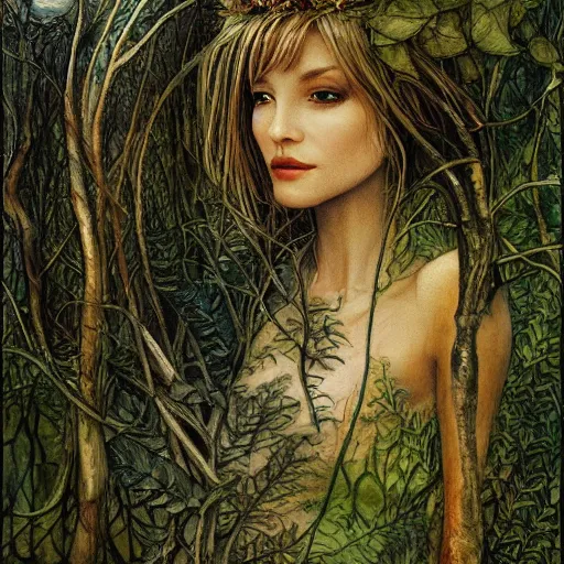 Prompt: fey queen of the summer forest, dress of leaves, fine features, thin, young, silver shimmering hair, by brian froud, dusk scene, night colors, oil on canvas, oil panting