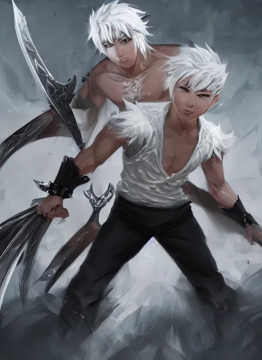 Image similar to a highly detailed illustration of fierce short white haired parted through the middle young attractive asian man, wearing hakama, with black sclera eyes, heroically battle posing, muscular, intricate, elegant, highly detailed, centered, digital painting, artstation, concept art, smooth, sharp focus, league of legends concept art, WLOP