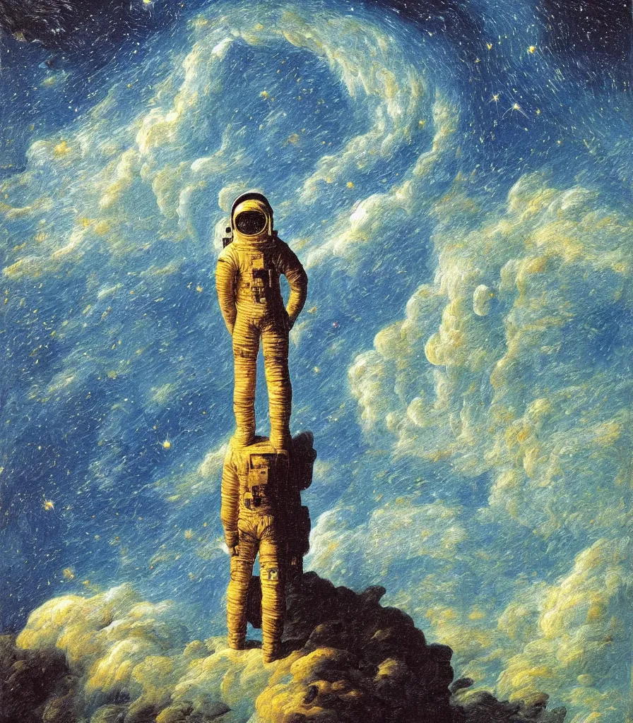 Image similar to an impasto oil painting of an astronaut gazing into a the universe painted by caspar david friedrich, galaxy, impressionism