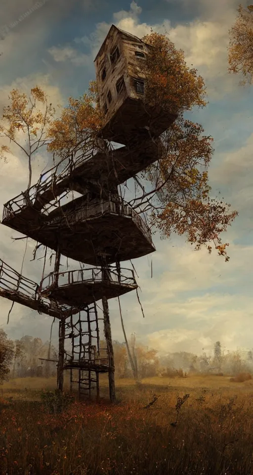 Image similar to tree house on a rusty broken building constructions of a giant upside - down spiral edgy staircase, leading to the sky, the ruins, in the steppe, autumn field, misty background, from the game pathologic 2, highly detailed, sharp focus, matte painting, by isaac levitan and asher brown durand,