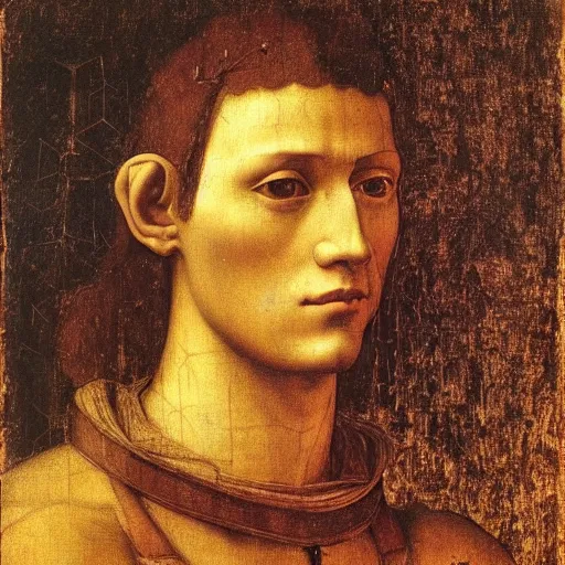 Image similar to Portrait of a medieval nobleman, tan skin and brown hair, clean shaven, big nosed with many scars. by leonardo da vinci