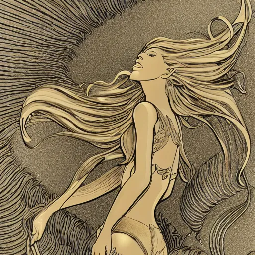 Prompt: gold and silver tones, siren on the rocks, style of moebius, james jean, rutkowski, mcbess, cinematic, high detail, award winning, 8 k photorealistic