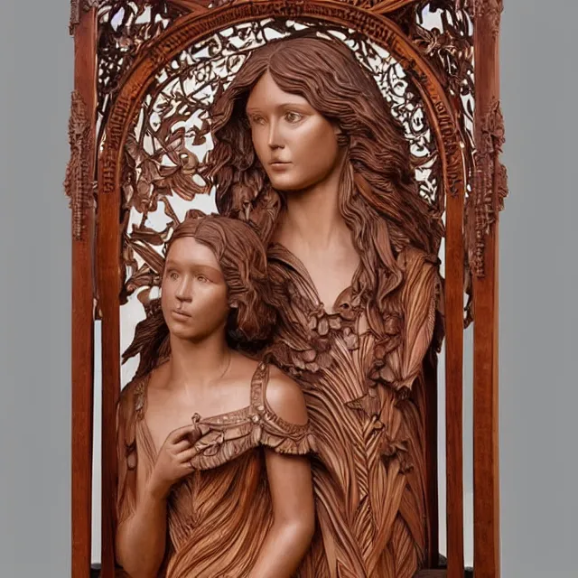 Image similar to a 3 d wooden mahogany art nouveau carved sculpture of a young millie bobby brown or alicia vikander with long hair blowing in the wind, in front of a delicate tracery pattern, intricate and highly detailed, well - lit, ornate, realistic, polished with visible wood grain