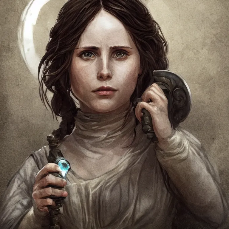 Image similar to portrait of jyn erso as a beautiful medieval wench in a stone courtyard holding a modern telephone, confident pose, coherent, insane detail, concept art, character concept, cinematic lighting, global illumination radiating a glowing aura