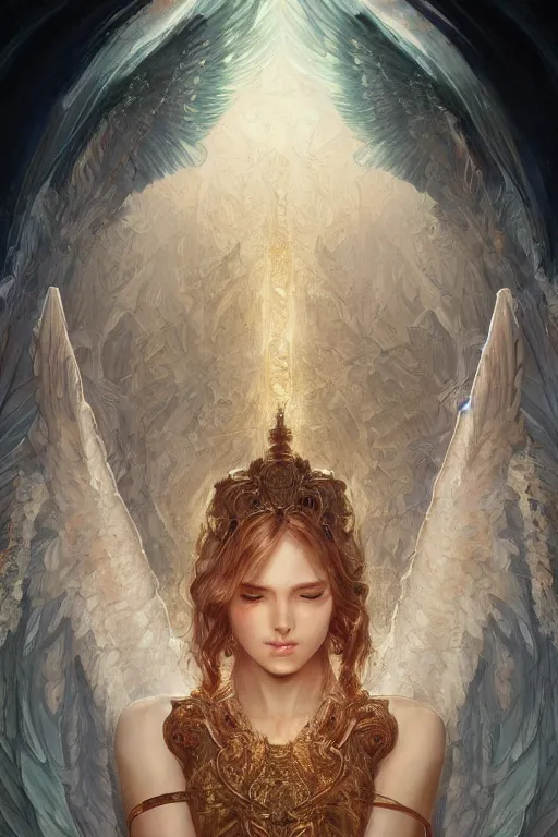 Prompt: portrait of an angelic demon, gates of hell and heaven, godlike, full body, fantasy, intricate, elegant, highly detailed, digital painting, artstation, concept art, sharp focus, illustration, art by artgerm and greg rutkowski and alphonse mucha and ross tran