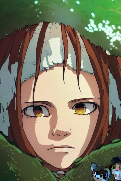 Prompt: Kodak Portra 400, 8K, highly detailed, claire danes as studio ghibli princess mononoke anime style 3/4 extreme closeup portrait, eye contact, focus on girl model, tilt shift zaha hadid anime style forest background: famous princess mononoke anime remake, forest scene