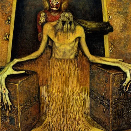Prompt: demon hiding inside an ornate ancient sinister-looking box, by Odd Nerdrum, by Gustav Klimt, beautiful, eerie, surreal, colorful