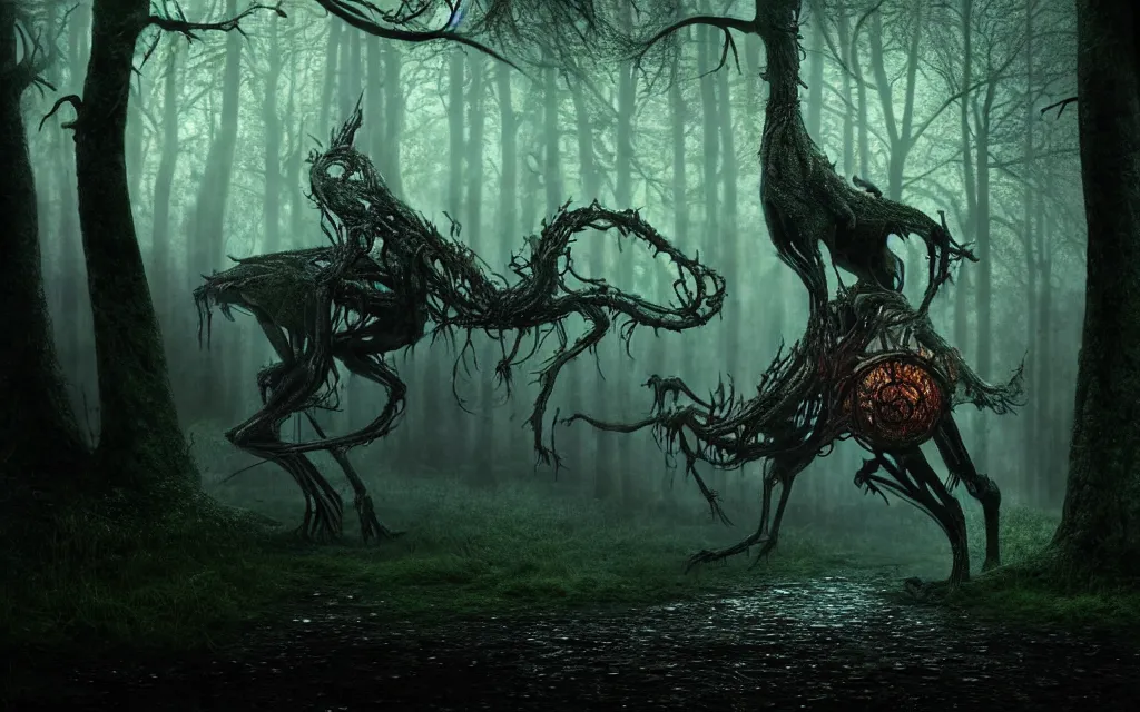 Image similar to a terrifying creature in an enchanted forest at night during torrential rain, very complex, maximalist, overdetailed, legendary cinematic, darkfantasy, highly intricate, realism, perspicious detail, silent hill aesthetic, photorealistic, lifelike, dslr 8 k, unbeatable coherency, octane render