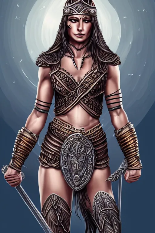 Image similar to full body portrait, thin muscular viking amazon warrior woman, 6 pack ab, symmetrical beautiful face, relaxed pose. fantasy illustration