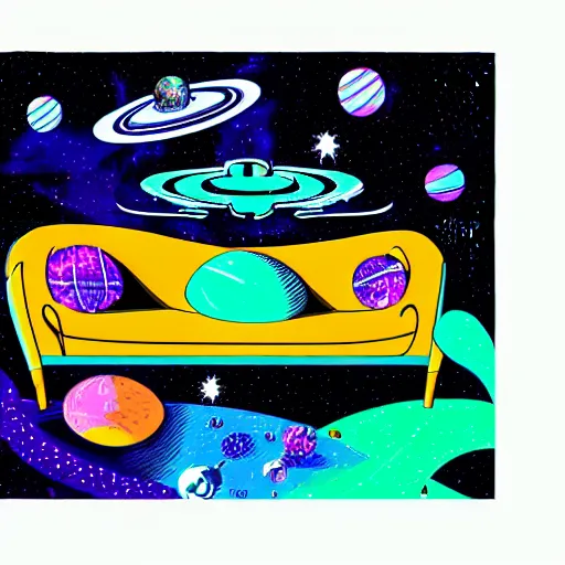 Image similar to psychedelic trippy couch in space, planets, milky way, sofa, detailed cartoon