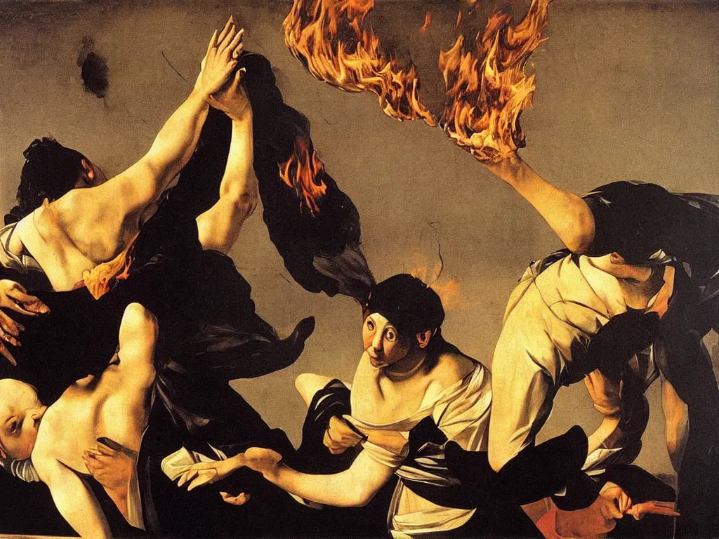 Image similar to Woman setting her home on fire. Painting by Caravaggio.