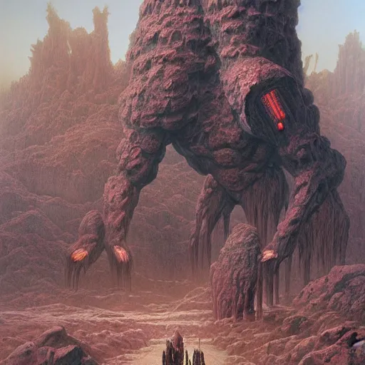 Image similar to concept art of a giant fractal golem, pride, day time, foreboding, fantasy, valley, wayne barlowe