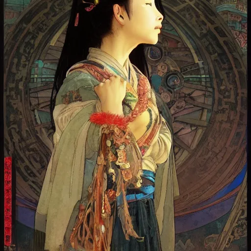 Image similar to Concept art, ancient Chinese girl, 8k, by james gurney, greg rutkowski, and john howe, background by alphonse mucha, artstation