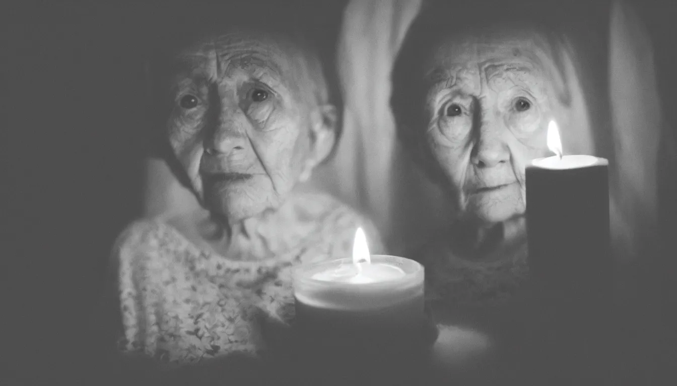 Prompt: a close up portrait of a solitary old underweight lady is frozen, hyper realistic photo, candle light, full colour, kodak porta 4 0 0, shallow depth of field, upscale, 8 k, masterpiece,