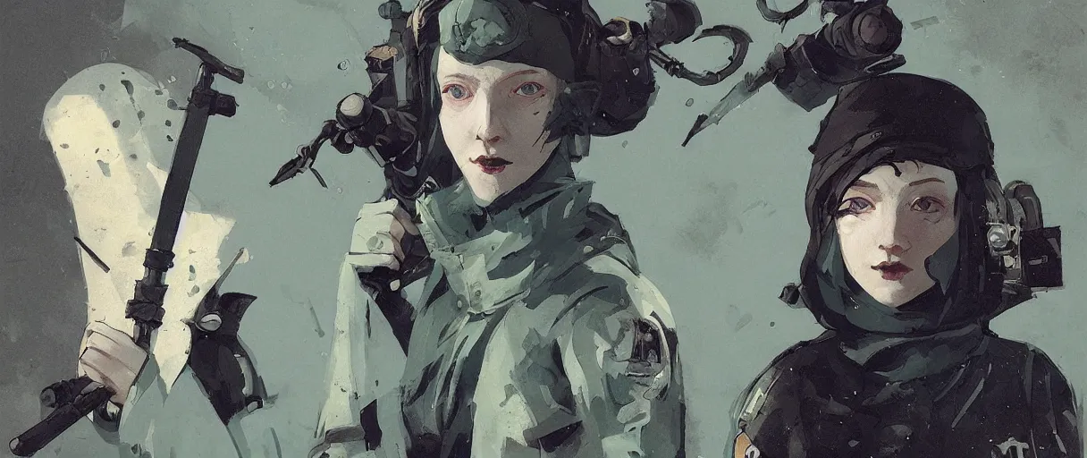 Image similar to duotone black and olive green comic noir illustration portrait of shani medieval female medic with short ginger hair. from wither 3. by sachin teng and sergey kolesov and ruan jia and heng z. graffiti art, scifi, fantasy, hyper detailed. octane render. concept art. trending on artstation