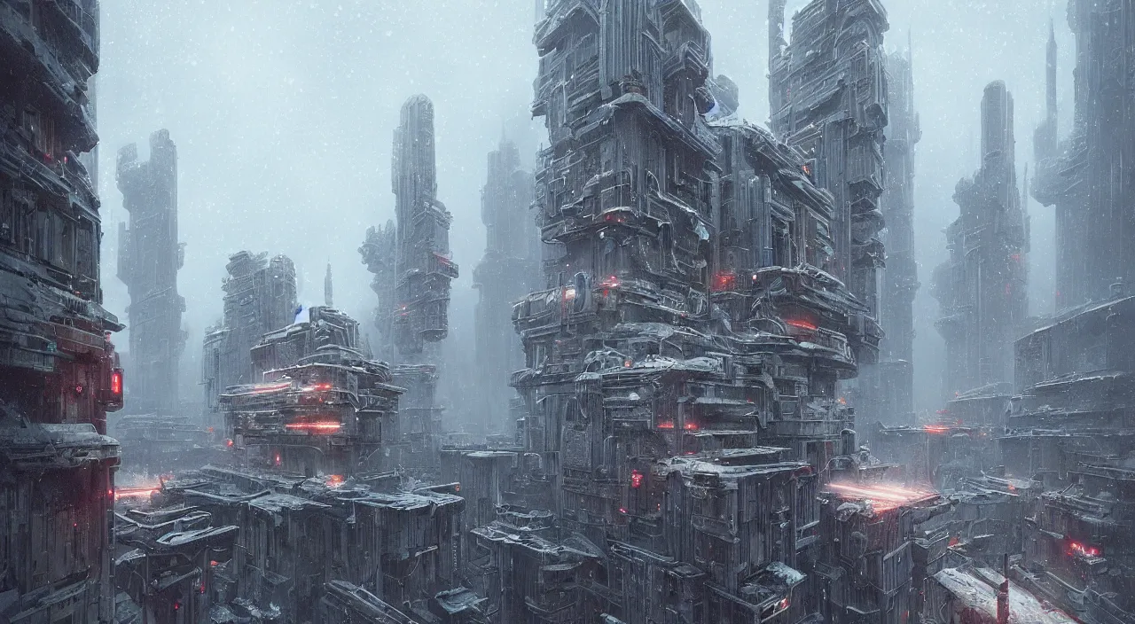 Prompt: highly detailed brutalist architecture city, star wars imperial style, while it's snowing, stephen bliss, unreal engine, fantasy art by greg rutkowski, loish, rhads, ferdinand knab, makoto shinkai, ilya kuvshinov, rossdraws, global illumination, radiant light, detailed and intricate environment