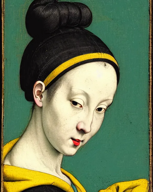 Prompt: portrait of a pale curvy woman with green blue hair buns, wearing a yellow hoodie, intricate details, high detail, black background, in a high renaissance style, in the style of jacopo da pontormo and william segar, punk, asian art,