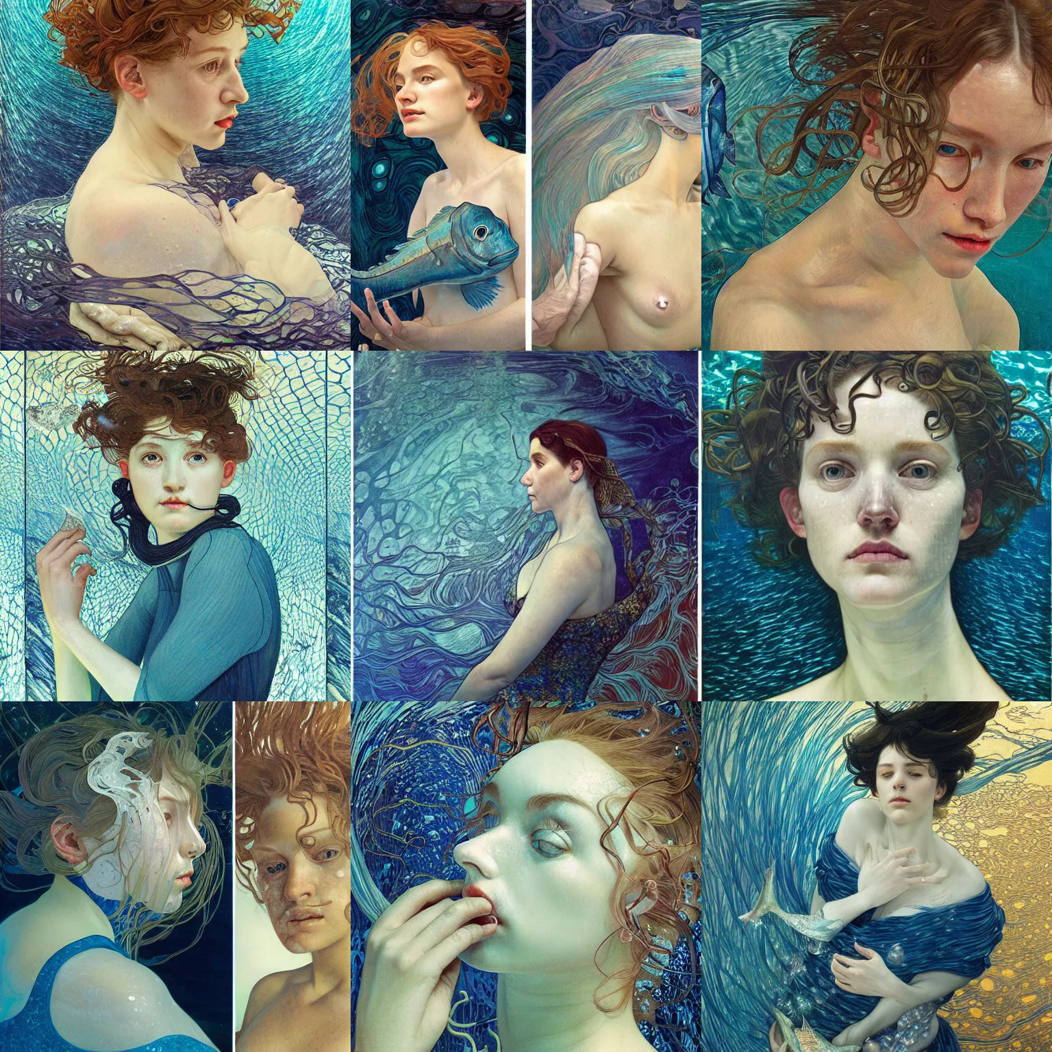 Prompt: hyperrealist portrait underwater dark ocean, blue lighting, floating fish by lucian freud and victo ngai and alphonse mucha very detailed faces