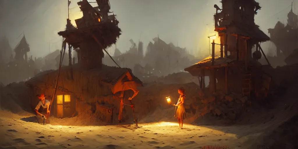 Image similar to playing at the sandbox by otto dix and greg rutkowski and andreas rocha, cinematic lighting, highly detailed, warm colours, 4 k