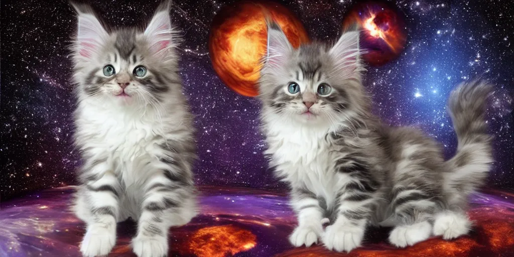 Image similar to a 3 d rendered movie still maine coon kitten descendant 1 million in the future. kitten wears a spacesuit, and explores cosmos in a space ship with a cat tree. science fiction blockbuster movie kittens rule the world or what's on tv? kittens!, dramatic lighting, imax 7 0 mm. digital art, buzz lightyear ( film )