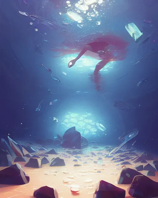 Prompt: shattered glass stylized cracked obsidian geometric fantasy art, splattering black gold iridescent bubbly underwater scenery, greg rutkowski, loish, rhads, makoto shinkai, lois van baarle, ilya kuvshinov