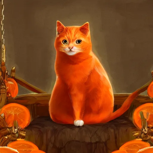 Prompt: a stunning portrait of an orange pirate cat sitting on a throne made of swords, digital art, trending on art station