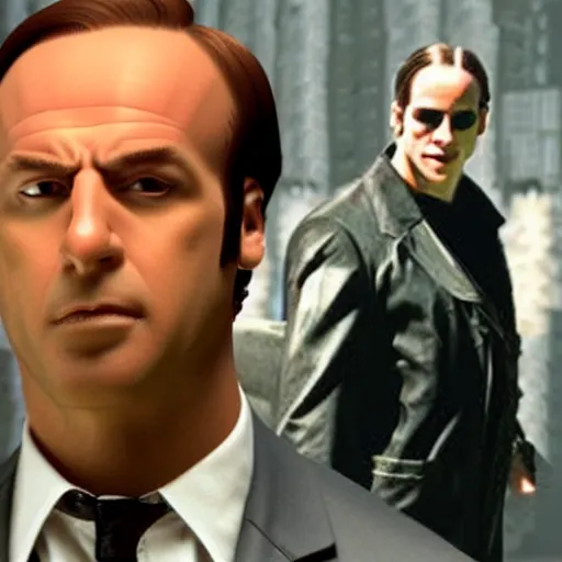 Image similar to Saul Goodman playing as Neo in the Matrix fighting Smith