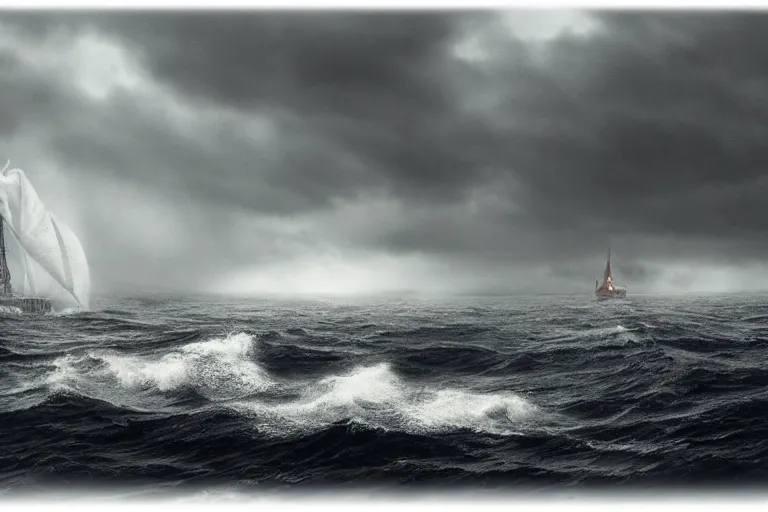 Image similar to a photo of a ship sailing a stormy sea, atmospheric, horror, award - winning photograph, highly detailed shot, cinematic, 8 k uhd