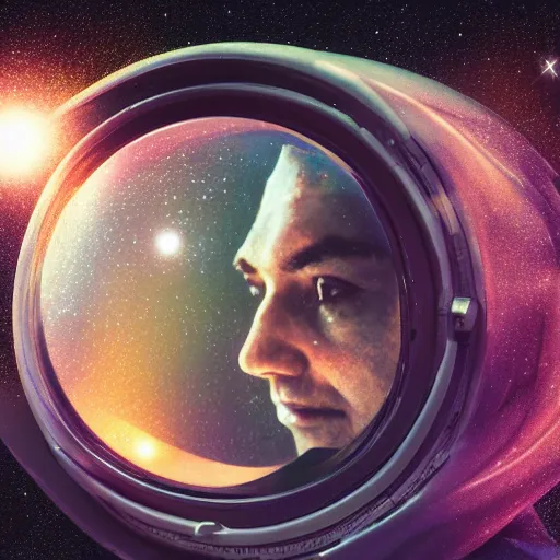 Prompt: portrait an astronaut looking into a mirror made of the Cosmos , subject in the center of the frame, wide angle shot, diffuse lighting, fantasy, intricate, elegant, highly detailed, lifelike, photorealistic, digital painting, illustration, concept art, smooth, sharp focus