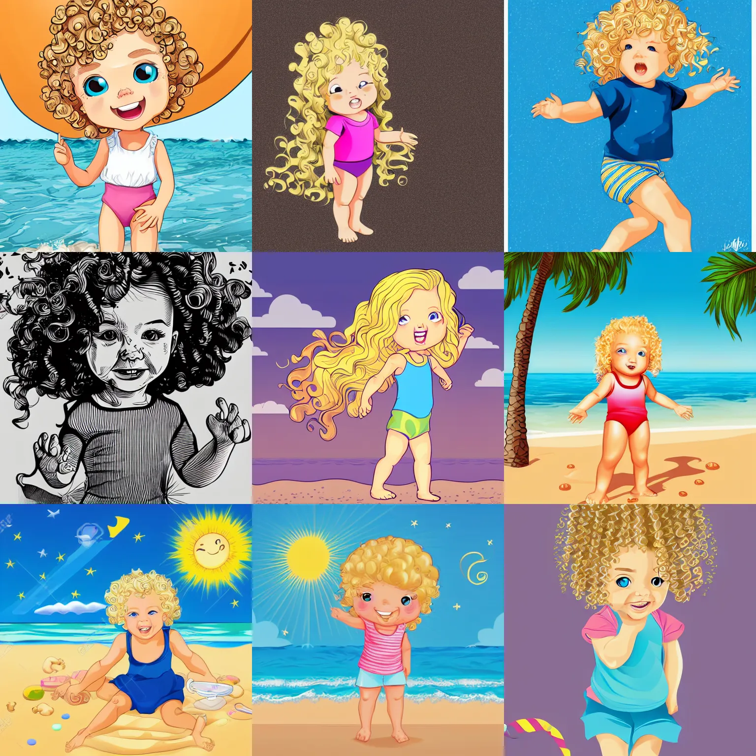 Prompt: 2 years old girl with blonde curly hair, playing at the beach, cel shading vector graphics by artgerm, illustration