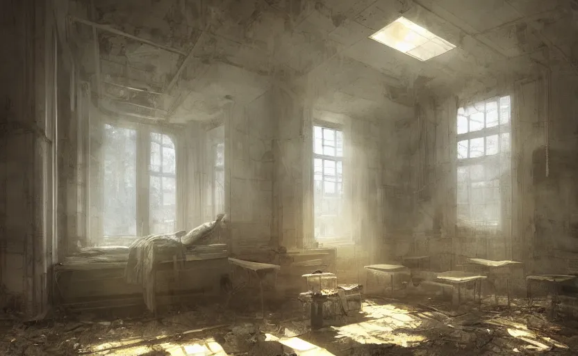 Image similar to Abandoned hospital room, intricate, elegant, volumetric lighting, digital painting, highly detailed, artstation, sharp focus, illustration, concept art, ruan jia, steve mccurry