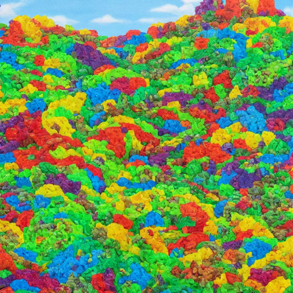 Image similar to painting of the countryside created entirely with gummy bears