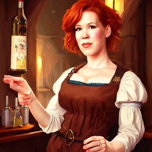 Image similar to a portrait digital painting of molly ringwald as a medieval bar maid in a tavern at night. painted by artgerm, ross tran.