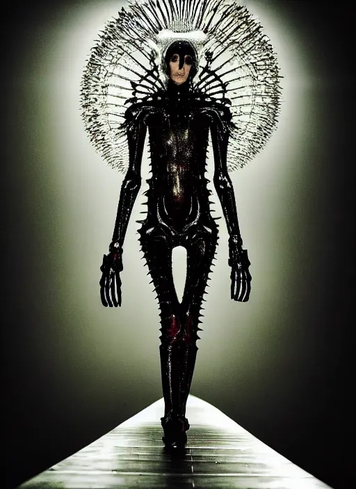 Image similar to walking down the catwalk, steven klein, show, stage, vogue photo, podium, fashion show photo, iris van herpen, beautiful woman, full body shot, helmet on face, masterpiece, plant predator, giger, guyver, jellyfish, biomechanical details, tarkovsky, movie still, fauvism, cinestill, bokeh, gelios lens