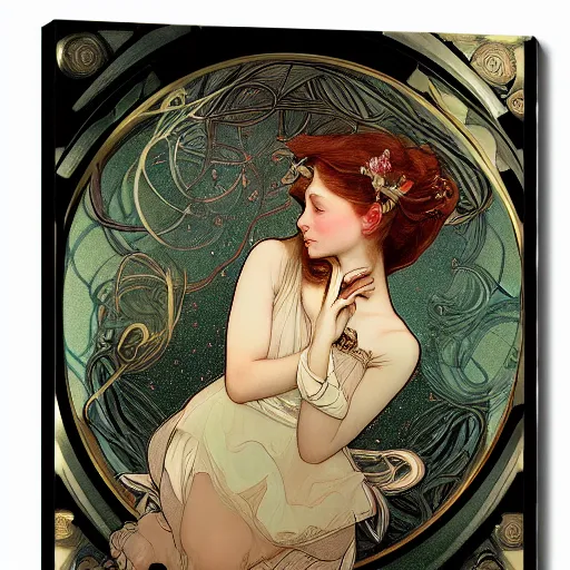 Image similar to Alice in Wonderland,Diamonds Blaze,Rose twining,out of time and space,dreamy, eternity, romantic,highly detailed,in the style of Alphonse Maria Mucha, highly detailed,night lighting