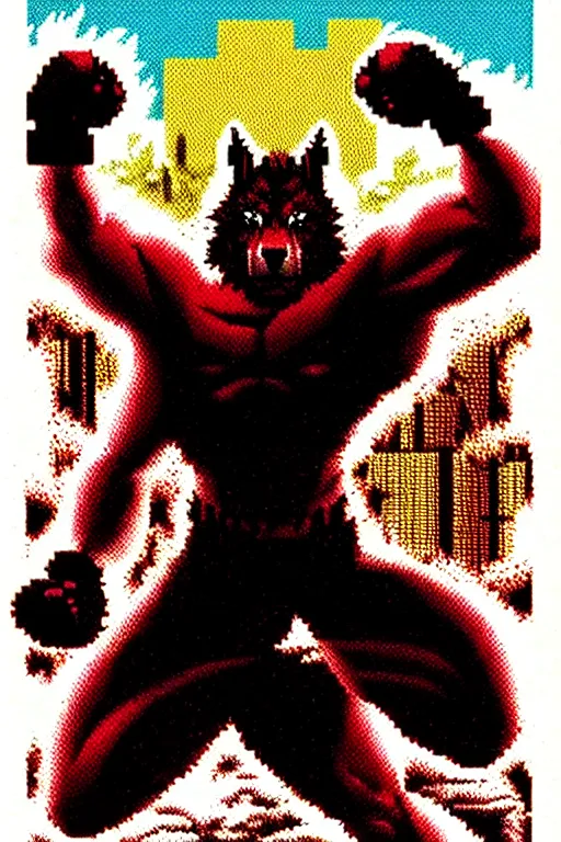 Image similar to extreme long shot. 8 bit nes graphics. antropomorphic muscular masculine wolf. kickboxer fighter, in shorts. wolf head. angry. fine details, very sharp, art from nes game cartridge, 8 0's, vhs artefacts, vaporwave style, marc simonetti and hermann nitsch and anish kapoor.