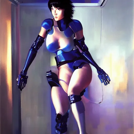 Image similar to greg manchess portrait painting of motoko kusanagi showing cybernetic parts of her body, medium shot, asymmetrical, profile picture, organic painting, sunny day, matte painting, bold shapes, hard edges, street art, trending on artstation, by huang guangjian and gil elvgren and sachin teng