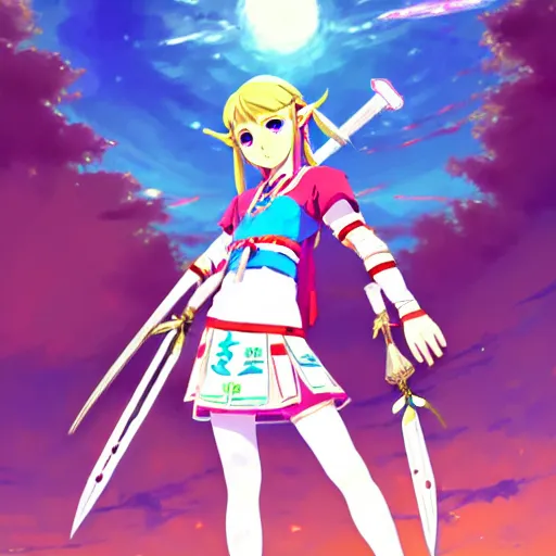 Image similar to a beautiful! young feminine link from botw, wearing japanese catholic school girl outfit with mayan pattern and native style, aztec street fashion, guilty gear art direction, perfect anime face, gapmoe yandere grimdark, trending on pixiv fanbox, painted by greg rutkowski makoto shinkai takashi takeuchi studio ghibli, akihiko yoshida