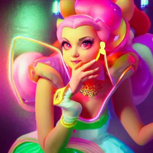 Image similar to Princess peach mixed with jinx from league of legends, dancing, background with neon lighting, raytrayced, octane render, epic composition, intricate details, hyperrealist, by Joe Benitez, WLOP, Alessandro Barbucci, Barbara Canepa